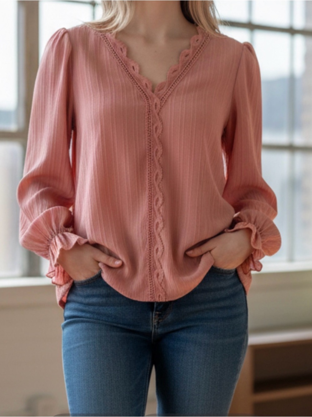 Women’s V-Neck Pink Lace-Trim Blouse